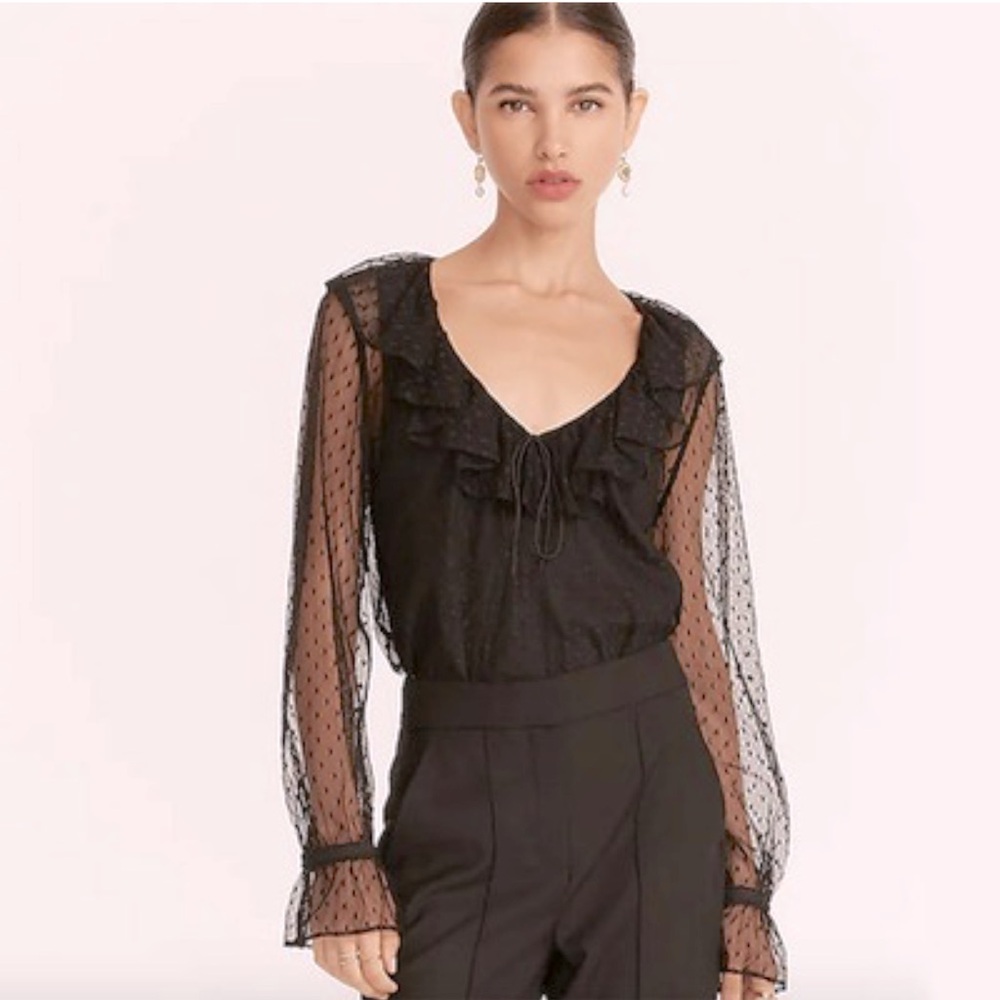 J Crew black sheer sleeve, clip dot ruffle blouse w/removable camisole, size S